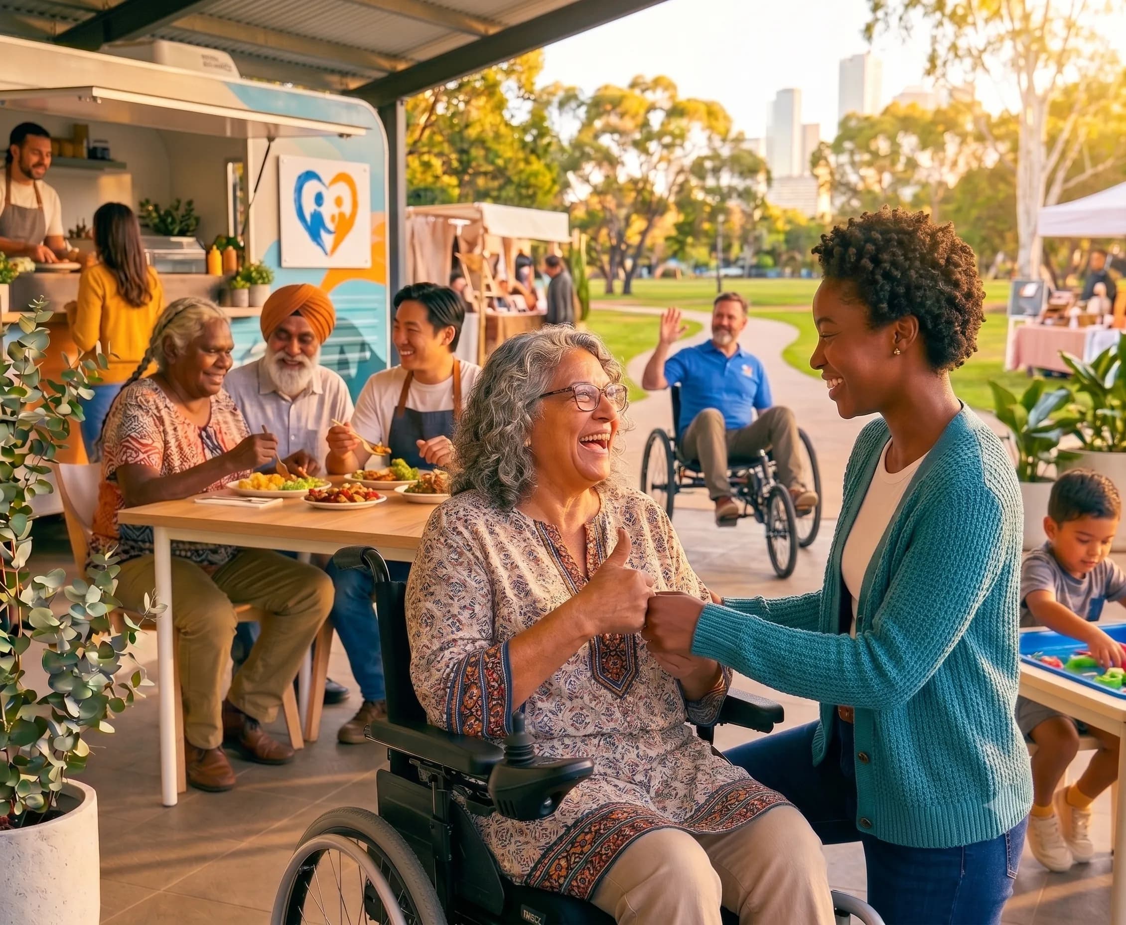 Support worker having tea and connecting with a participant