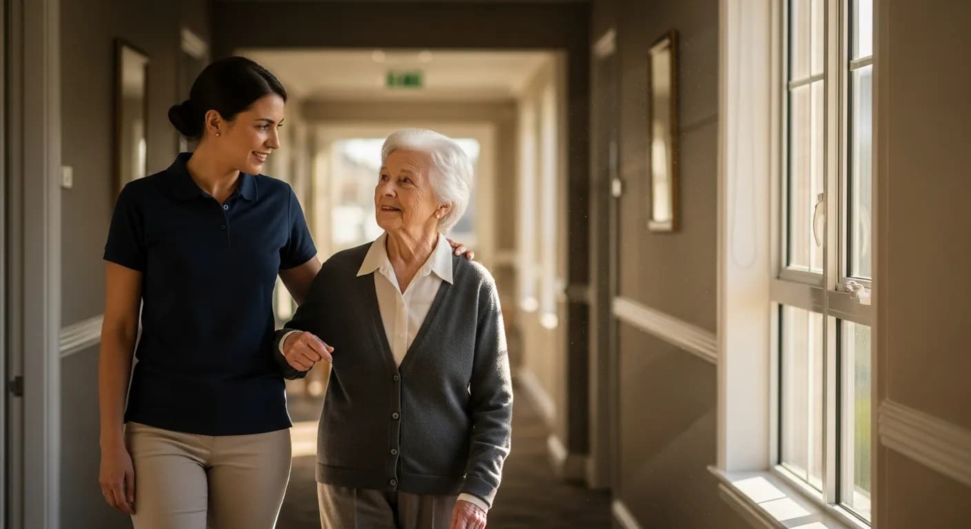 Professional and clean care facility hallway
